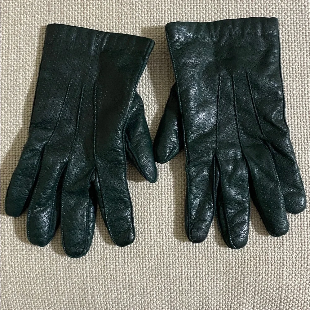 Elegant Dark Green Leather Gloves women 6 cozy cashmere wool lined Y2K event